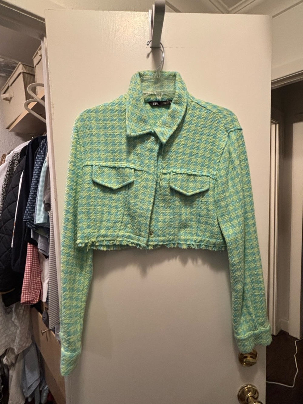 Zara Cropped Tweed Jacket in Mint Green and Yellow